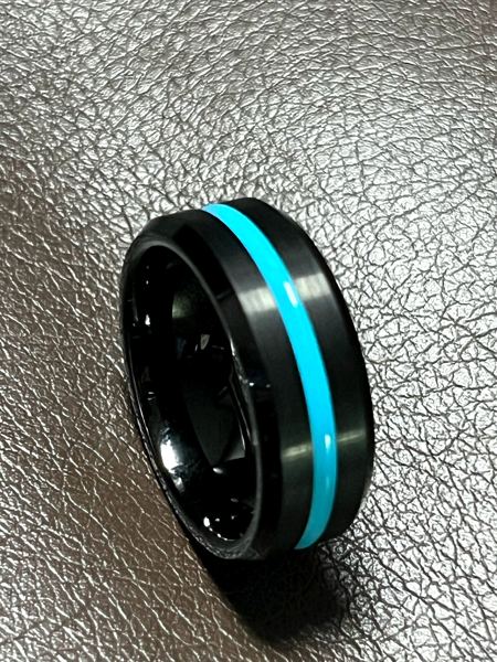 Men's 8mm Tungsten Wedding Band – Light Blue Stripe (Comfort Fit)